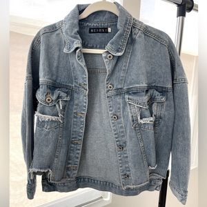 MESHKI Kaylee Distressed Denim Jacket Mid-Wash Blue S/M
